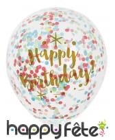 6 Ballons Happy Birthday confettis colorées