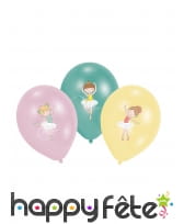 6 Ballons imprimé danseuse rose vert jaune, 27,5cm