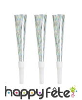 6 Trompettes cotillon argentées irisées