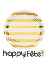 8 Assiettes en carton blanches rayures dorées 23cm