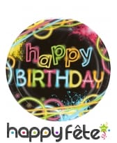 8 assiettes Happy Birthday soirée fluo, 22cm