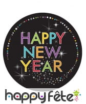 8 Assiettes noire imprimé Happy New Year coloré