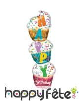Ballon 3 cupcakes Happy Birthday, 33 x 104 cm