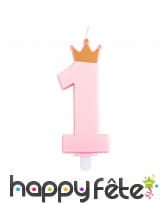 Bougie chiffre 1 rose avec couronne de 9,5 cm