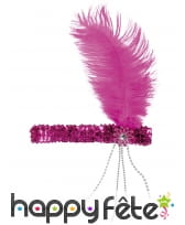 Bandeau charleston sequins rose avec plume, image 1