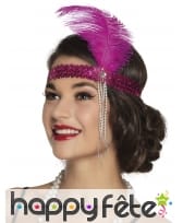 Bandeau charleston sequins rose avec plume