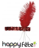 Bandeau charleston sequins rouge avec plume, image 1