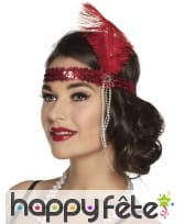 Bandeau charleston sequins rouge avec plume