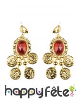 Boucles d'oreille dorées orientales, pierre rouge, image 1