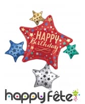 Ballon étoiles happy birthday coloré, 81 x 88 cm