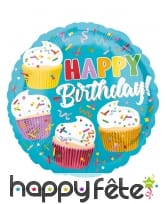 Ballon rond cupcakes Happy Birthday de 43 cm