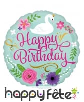 Ballon rond Happy Birthday cygne fleuri de 43 cm