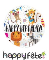 Ballon rond happy birthday dessins d'animaux, 45cm