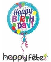 Ballon rond Happy Birthday fond bleu de 43 cm
