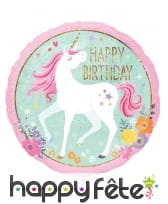 Ballon rond licorne Happy Birthday de 45 cm
