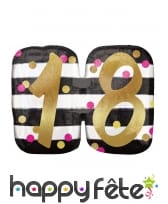 Ballon rayé noir et blanc chiffre 18 doré, 63x50cm