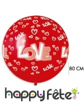 Ballon rond rouge imprimé coeurs love, 80cm