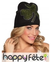 Bonnet St Patrick noir avec trèfle brillant adulte