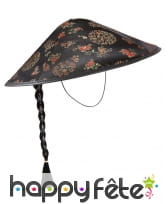Chapeau chinois noir avec motifs et tresse noire, image 1