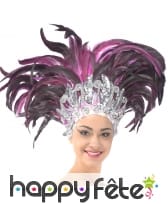 Coiffe de plumes fuchsia/noir et diadème argenté