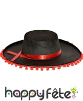 Chapeau espagnol adulte noir avec pompoms rouge