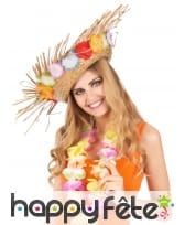Chapeau paille Hawaïen avec fleurs sur le contour, image 1