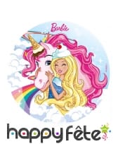 Disque Barbie et sa Licorne rose en sucre 20 cm