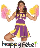 Déguisement Cheerleader violet et jaune pour femme