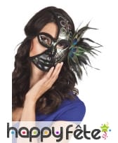 Demi masque noir avec plumes de paon