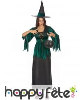 Déguisement noir et vert de sorcière robe dentelée