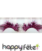 Faux cils noirs plumes à pois roses cabaret