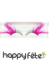 Faux cils noirs plumes fuschia cabaret