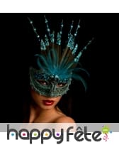 Grand loup turquoise à paillettes et plumes