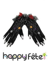Gants noirs Dia de los muertos ongles argentés