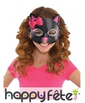 Loup chat noir en sequins avec noeud rose, enfant