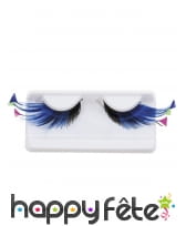 Longs faux cils bleus avec plumes colorées, image 1