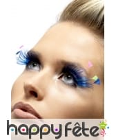 Longs faux cils bleus avec plumes colorées