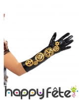 Longs gants noirs steampunk avec rouages dorés, image 2