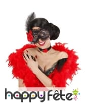 Loup noir en dentelle avec plume et rose rouge