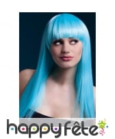 Longue perruque bleu claire fluo à frange
