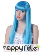 Longue perruque bleue frange lisse, image 1