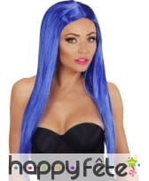 Longue perruque bleue lisse raie centrale