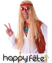 Longue perruque blonde hippie avec bandeau rouge