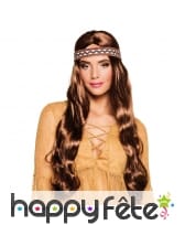 Longue perruque brune avec bandeau hippie