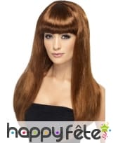 Longue perruque chatain lisse avec frange