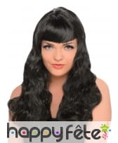 Longue perruque noire ondulée frange droite lisse