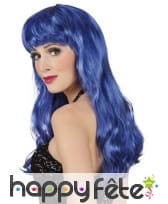 Longue perruque ondulée bleue avec frange