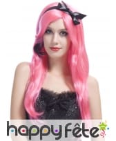 Longue perruque rose fluo avec noeud noir, image 1
