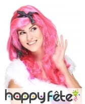 Longue perruque rose fluo avec noeud noir