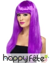 Longue perruque violet fluo lisse et frange